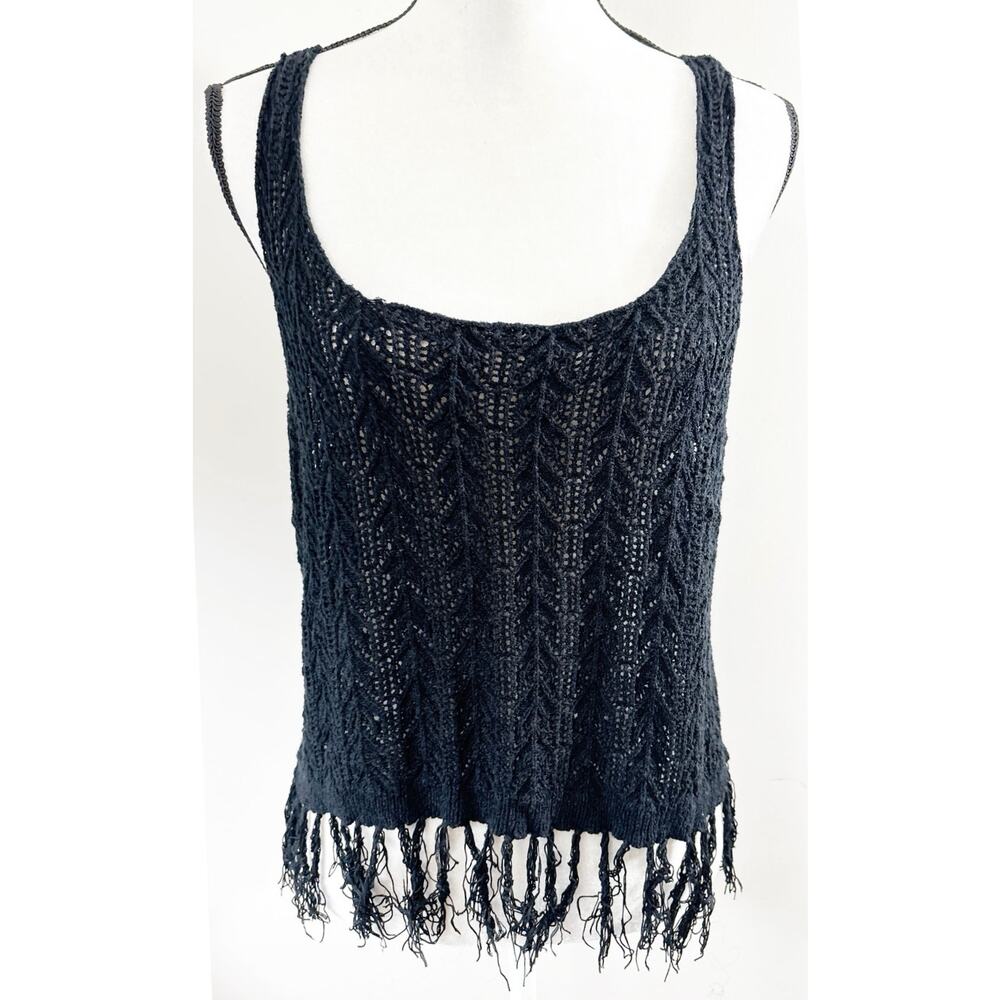 Garage Black Crochet Style Tank Top with Fringe Hem - M-L